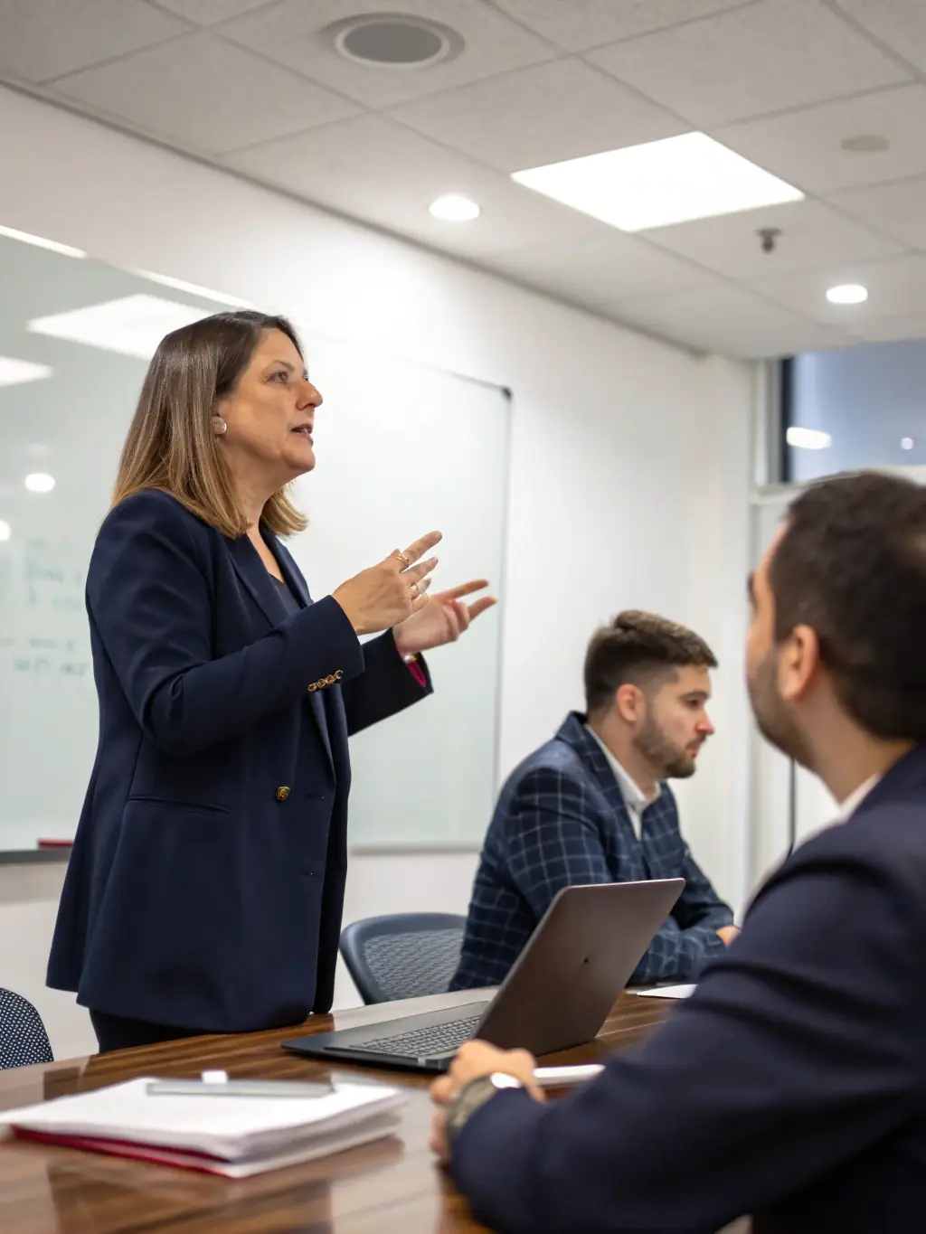 A professional Indian business woman in a modern office setting, confidently leading a team discussion, showcasing leadership skills training.