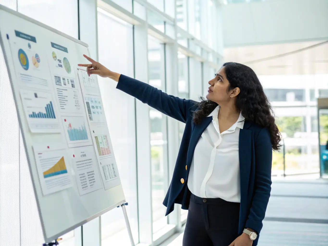 An Indian professional confidently presenting data insights during a business analytics training session, emphasizing data-driven decision-making.